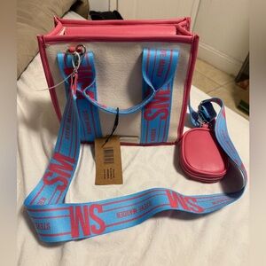 Steve Madden Cream Pink Blue Tik Tok Canvas Tote Bag Crossbody Purse BWEBBER NEW